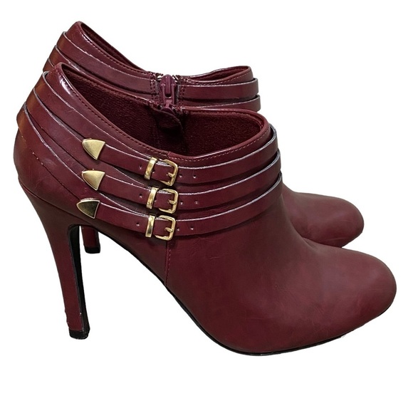 Fioni Burgundy Ankle Stiletto Boots Gold Buckles Size 9 Y2K Party Style - Picture 1 of 8